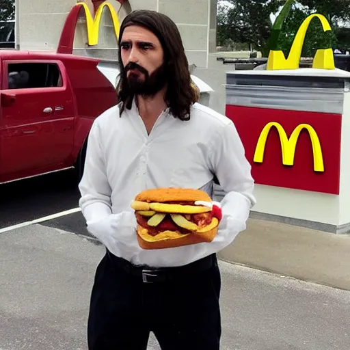 Image similar to jesus christ having his lunch break at mcdonalds, real photo