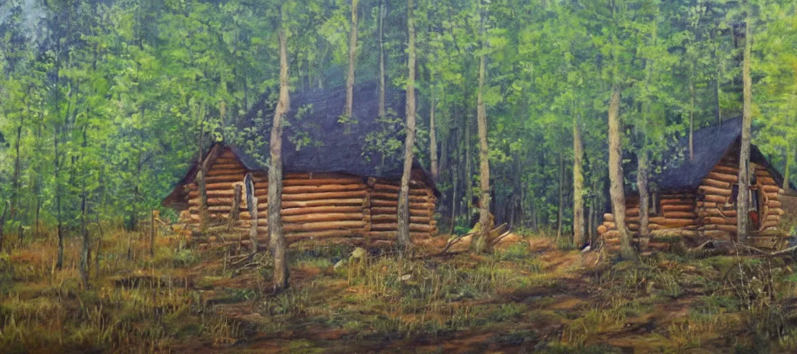 Prompt: realist painting of a log cabin in the forest, beautiful painting, oil on canvas, by Ewa Czarniecka, award winning masterpiece,