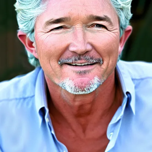 Image similar to long straight grey hair, patrick duffy, wearing a white shirt