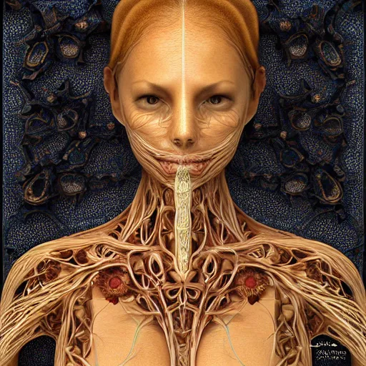 Image similar to face portrait of a beautiful woman, 150 mm, anatomical, flesh, flowers, mandelbrot fractal, veins, arteries, symmetric, intricate, golden ratio, full frame, microscopic, elegant, highly detailed, ornate, ornament, elegant , luxury, beautifully lit, ray trace, octane render in the style of peter Gric , alex grey and Romero Ressendi