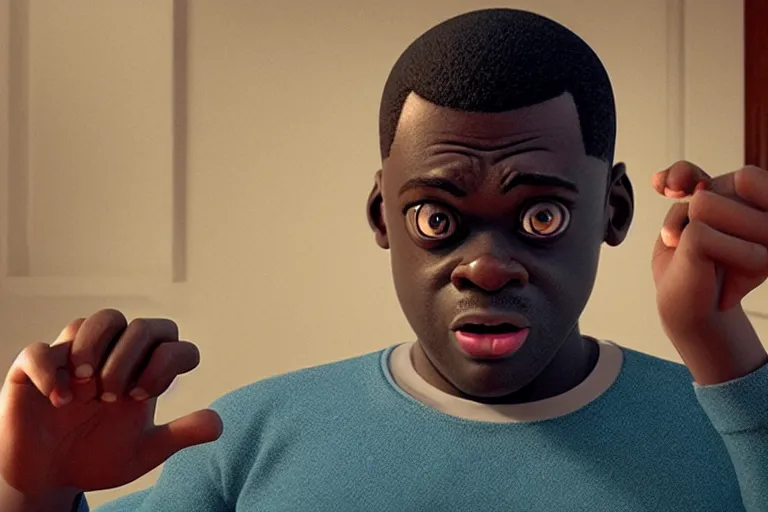 Prompt: get out ( 2 0 1 7 ), chris is being hypnotized, tears on his face, mouth slightly agape, daniel kaluuya, 5 detailed fingers, medium portrait shot, pixar disney style, pixar studios, animated, cgstation, octane render, film still, best animation, visual effects