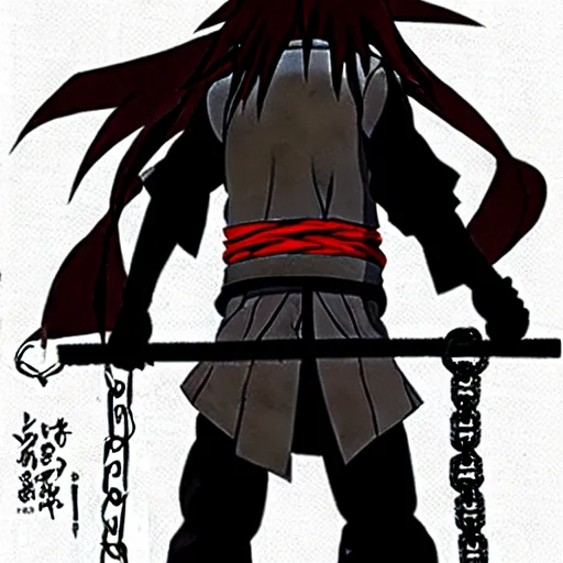 Image similar to A FULL BODY PORTRAIT FROM BEHIND OF MADARA UCHIHA ,THE MAN KEEPS A KUSARIGAMA AND IT IS WRAPPED IN CHAINS ,detailed, concept art, ink style , sketch