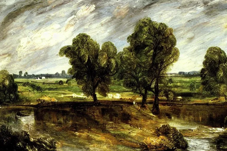 Image similar to ‘ a painting of a pastoral country landscape with a river by john constable ’