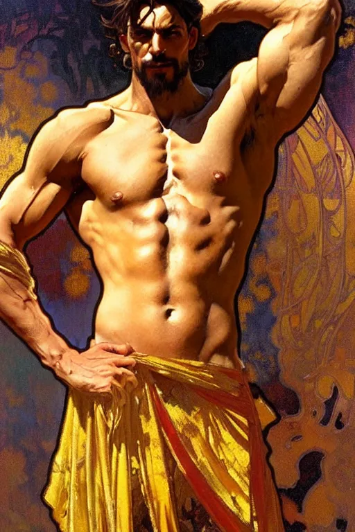 Prompt: A man wearing golden clothes, muscular, fantasy, painting by greg rutkowski and alphonse mucha