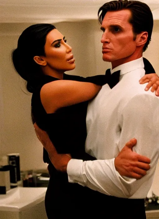 Image similar to film still of kim kardashian hugging Patrick Bateman in American Psycho.