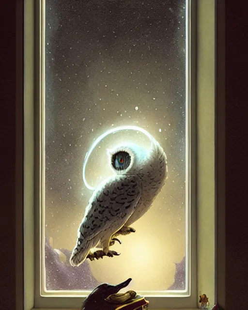 Image similar to polar owl delivers an envelope at the window - sill, by artgerm, victo ngai, ryohei hase, artstation, highly detailed digital painting, smooth, global illumination, art by john james audubon by greg rutkowsky, karl spitzweg, leyendecker