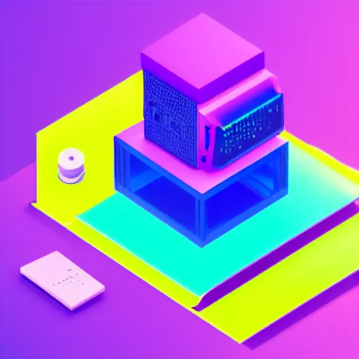 Prompt: isometric 3 d render of a computer, light blue, purple, light green, light yellow gradient background concept art by sylvan sarrailh