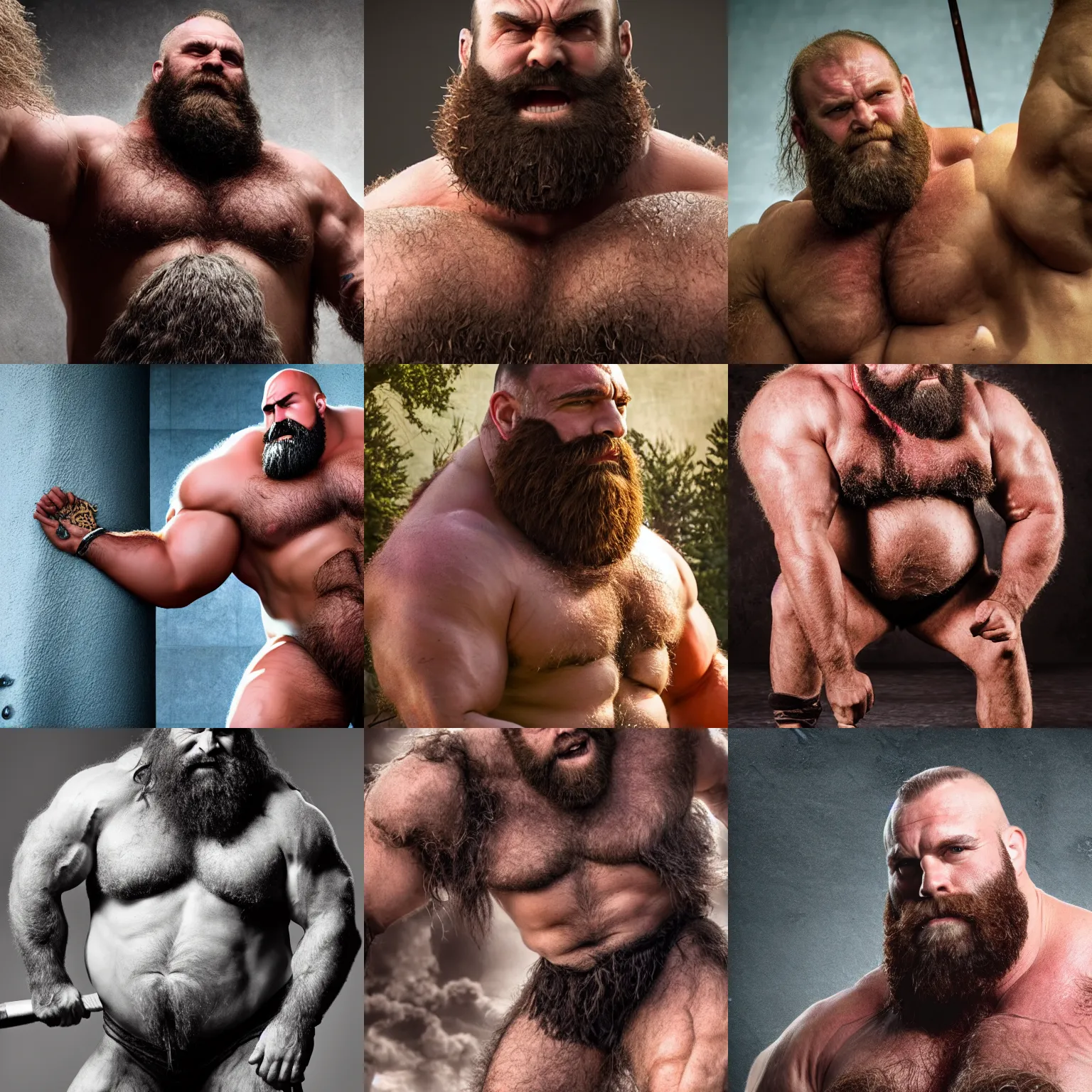 Prompt: barbarian strongman king, body hair, muscle, massive, masculinity, beard, thick, hairy, big, gay, photography, highly detailed, epic, high definition, 4 k, 8 k, dad energy, size difference