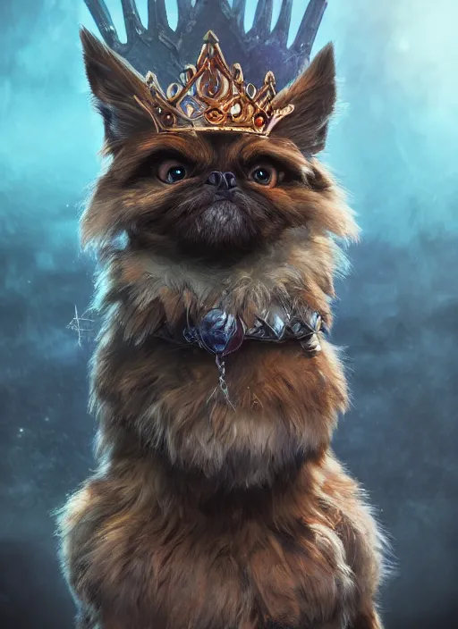 Prompt: An epic fantasy comic book style portrait painting of a petit brabancon griffon queen in throne, unreal 5, DAZ, hyperrealistic, octane render, cosplay, RPG portrait, dynamic lighting