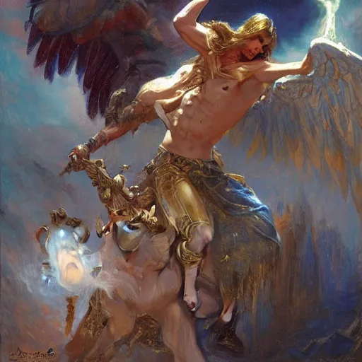 Image similar to attractive male deity casts light spell, summons attractive male lucifer morningstar. highly detailed painting by gaston bussiere, craig mullins, j. c. leyendecker 8 k