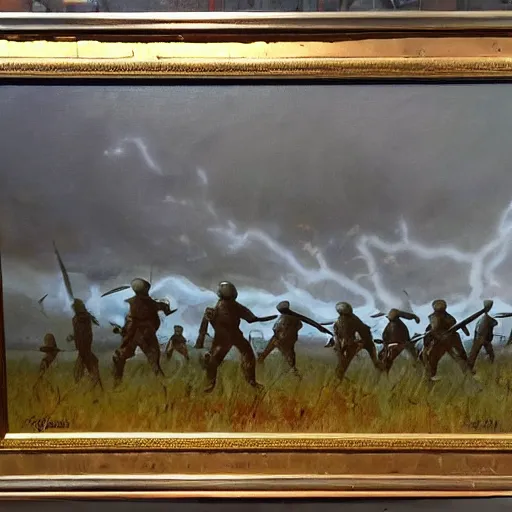 Image similar to oil painting of a ground covered in medieval silver soldier corpses, war, storm dawn, by Frank Frazetta, by Georgia O Keeffe sfumato, realistic