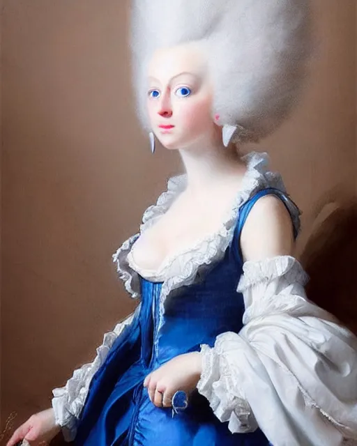 Image similar to cute white cat with blue eyes dressed like marie antoinette, joseph ducreux, greg rutkowski, baroque rococo fashion, royal portrait, elegant, luxurious, oil painting