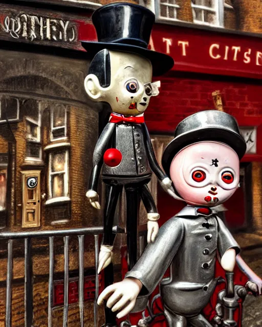 Image similar to highly detailed closeup, portrait of a tin toy jack the ripper in tin toy victorian london streets, hyper realistic, artstation, illustration, nicoletta ceccoli, mark ryden, lostfish, dan decarlo, bob clampett, max fleischer, digital paint, matte paint, vivid colors, detailed and intricate environment