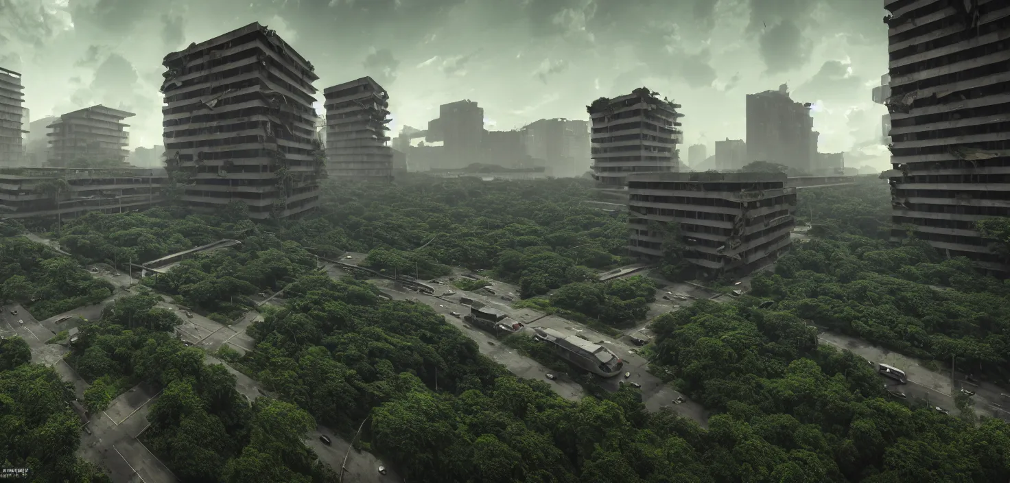 Prompt: streetview, brutalist buildings, abandoned, empty streetscapes, lush green jungle, natural volumetric lighting, sunset, rusted steel, concrete, glass, stunning skies, scattered debris, 8 k, finely detailed, unreal engine, imax, cinematic, beautifully illustrated, sharp focus, minimal artifacts, doom, greg rutkowski, le corbusier, artstation