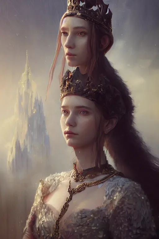 Image similar to a fancy portrait of a young queen by Greg Rutkowski, Sung Choi, Mitchell Mohrhauser, Maciej Kuciara, Johnson Ting, Maxim Verehin, Peter Konig, final fantasy , mythical, 8k photorealistic, cinematic lighting, HD, high details, atmospheric,