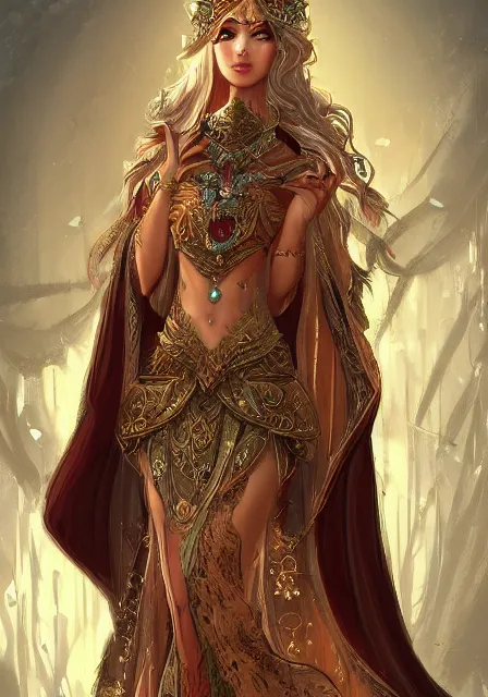 Prompt: beautiful female fantasy sorceress dressed in ornate robes, intricate, elegant, highly detailed, digital painting, artstation, concept art, smooth, sharp focus, illustration