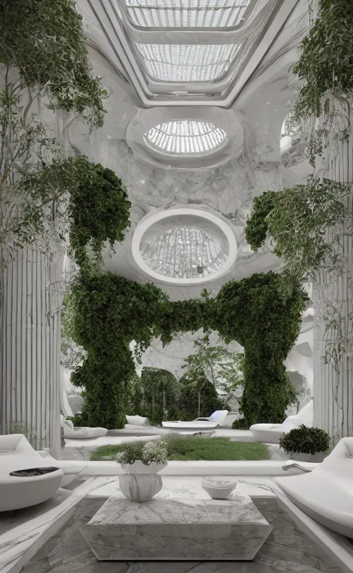 Prompt: highly detailed villa garden natural beautiful light interior soft cinematic composition of a smooth ceramic porcelain biophilic stone nebula fluid white magnolias surreal architecture cyberpunk landscape, furniture, granite, trees, marble, vincent callebaut composition, 8 k, unreal engine, hdr