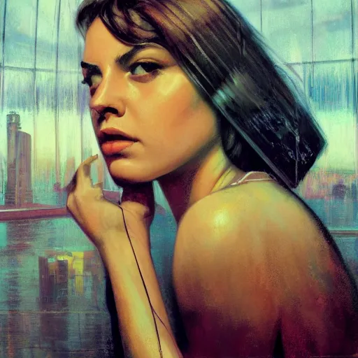 Prompt: detailed face of a woman, clockwork, moment, tectonic sky, skydome, bullet train, turbines, utopian, tech noir, wet reflections, prism, atmospheric, ambient, casey baugh, pj crook, syd mead, livia prima, edward hopper