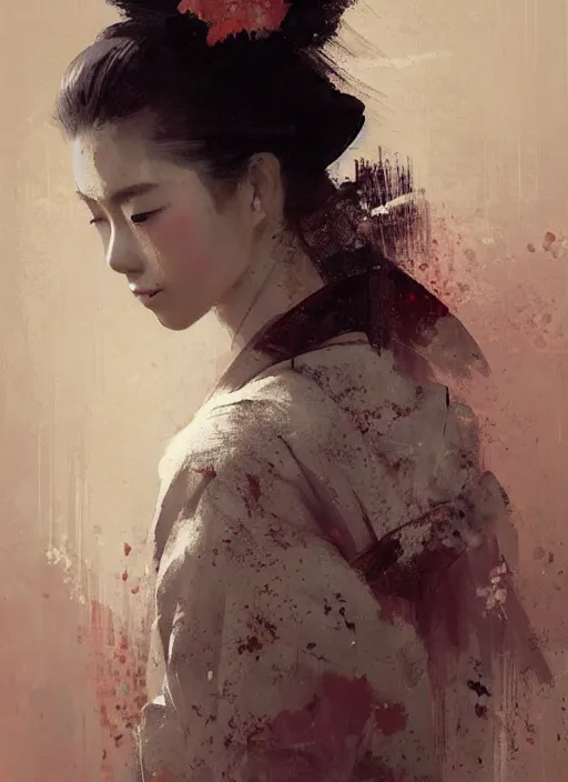 Image similar to female geisha girl, beautiful face, rule of thirds, intricate outfit, spotlight, by greg rutkowski, by jeremy mann, digital painting