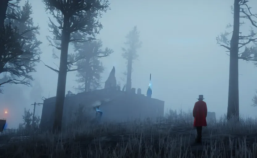 Prompt: Harry potter in Red Dead Redemption 2, night time, foggy, cinematic shot