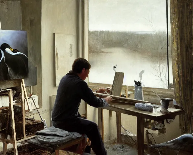Image similar to an exhausted painter in his studio painting a picture of a penguin - key lighting, soft lights, foggy, by steve hanks, by lisa yuskavage, by serov valentin, by tarkovsky, 8 k render, detailed, oil on canvas