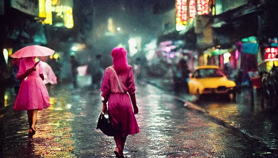 Image similar to street of hanoi, photography, night, rain, mist, a girl with pink hair, cinestill 8 0 0 t, in the style of william eggleston