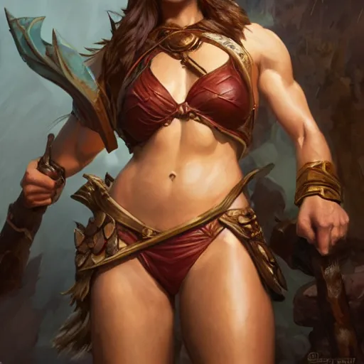 Image similar to muscular female warrior, deep focus, d & d, fantasy, intricate, elegant bikini, highly detailed, digital painting, artstation, concept art, matte, sharp focus, illustration, hearthstone, art by artgerm and greg rutkowski and alphonse mucha