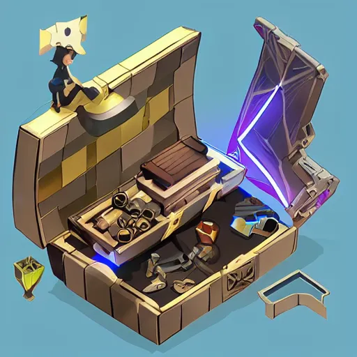 Image similar to isometric treasure chest, futuristic, mirror's edge + nier automata