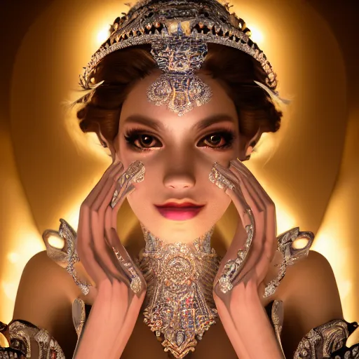 Prompt: portrait of pretty princess with perfect skin, glowing, ornate and intricate diamond jewelry, jaw dropping beauty, glowing backdrop, white accent lighting, hyper detailed, 4 k octane render