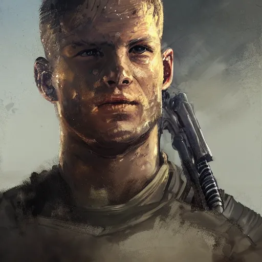 Image similar to portrait of a man by greg rutkowski, alexander ludwig as a colonial marine from aliens franchise, he is about 3 0 years old, military composure, wearing the tactical gear of the colonial marines, highly detailed portrait, digital painting, artstation, concept art, smooth, sharp foccus ilustration, artstation hq