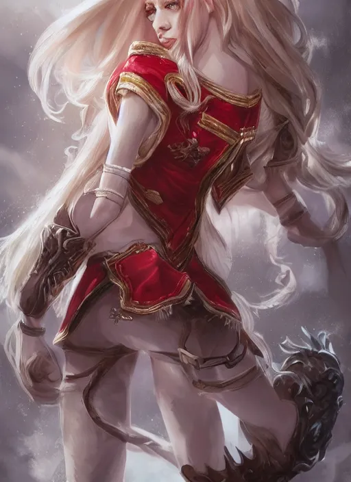 Image similar to a highly detailed illustration of beautiful long dirty blonde haired pale girl wearing epaulette uniform wearing white pants, red eyes, intricate, elegant, highly detailed, centered, digital painting, artstation, concept art, smooth, sharp focus, league of legends concept art, WLOP