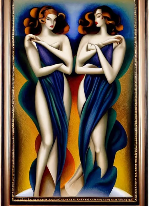 Image similar to highly detailed art deco framed painting of gemini goddesses fully clothed in celestial gowns floating in space zoomed out by tamara de lempicka