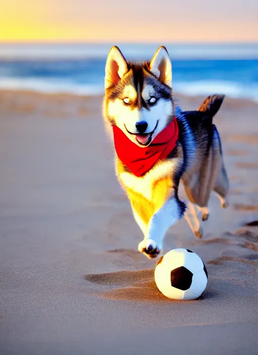 Prompt: a playful caramel husky wearing a red bandana, playing soccer on the beach, Golden hour, bokeh , 4k