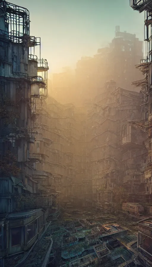 Image similar to a beautiful hyperdetailed illustration of port urbex building industrial architecture abandoned nature city architecture unfinished building by mike winkelmann, at dawn, archdaily, wallpaper, highly detailed, trending on artstation.