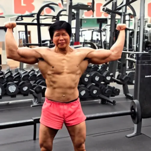 Image similar to A very muscular BongBong Marcos flexing in the gym