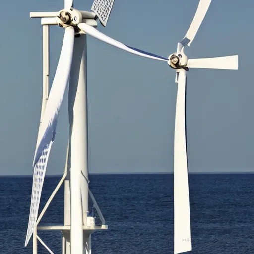 Prompt: a modern white electric offshore windmill that is also a house for people to live on the windmill. There is also a houseboat on the water that connects to the windmill --i --n4 --s50