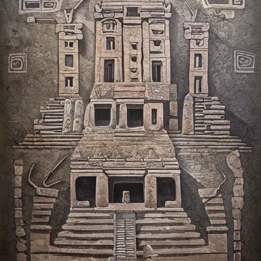 Image similar to mayan influenced architecural painting of a hidden city with a large statue in the middle of a courtyard, artstation, highly detailed,