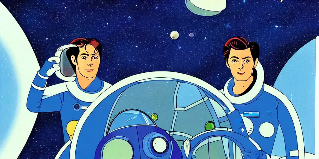 Prompt: a portrait of lonely single Alain Delon alone pilot in spacesuit posing in symmetrical spaceship station landing laying lake artillery porthole outer worlds hyper contrast in FANTASTIC PLANET La planète sauvage animation by René Laloux