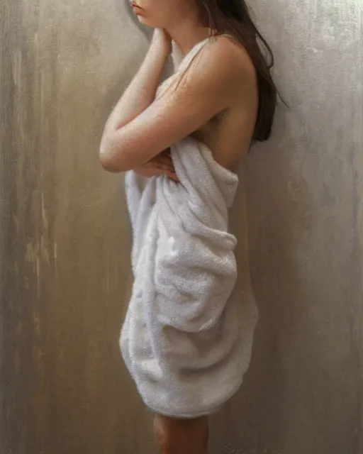 Prompt: portrait of beautiful peasant girl with wet long hair standing in a towel in a bathroom, minimalistic interior, soviet style, Cinematic focus, Polaroid photo, vintage, neutral colors, soft light, foggy, by Steve Hanks, by Serov Valentin, by lisa yuskavage, by Andrei Tarkovsky 8k render, detailed, oil on canvas