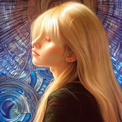 Image similar to A young woman with blonde long hair and bangs in shorts and white shirt drawn by Donato Giancola and Artgerm, face by Adam Hughes, Light by Julie Bell, design by alphonse mucha, background by James Jean and gustav klimt and John Marshall Gamble, 4k, volumetric lighting, french nouveau, trending on artstation, octane render, hyperrealistic