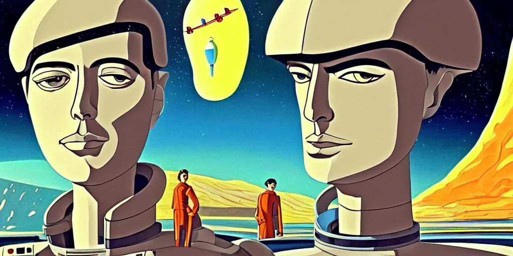 Prompt: traditional drawn colorful animation a symmetrical portrait of lonely single Alain Delon alone pilot in posing in spaceship station planet captain bridge outer worlds robots extraterrestrial hyper contrast well drawn in Jean Henri Gaston Giraud animation film The Masters of Time FANTASTIC PLANET La planète sauvage animation by René Laloux