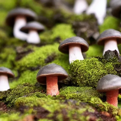 Image similar to close up photograph of small scale mushrooms village, fantasy world