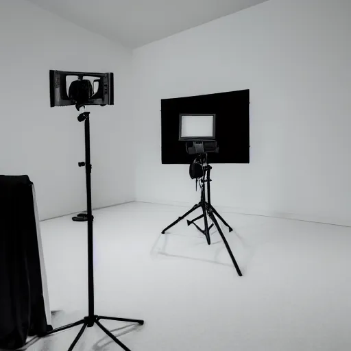 Prompt: an ultra high definition professional studio quality photograph of an empty white room with a plain white plinth in the middle of the room, a mobile phone is on top of plinth in the centre of the photograph. three point light.