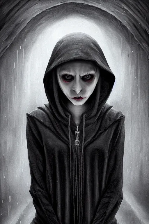 Image similar to ultra realist and ultra intricate detailed soft painting of a female nosferatu, black hoodie, dark alley, symmetry features, sensual gloomy style, volumetric clouds, artstation, unreal render, depth of field