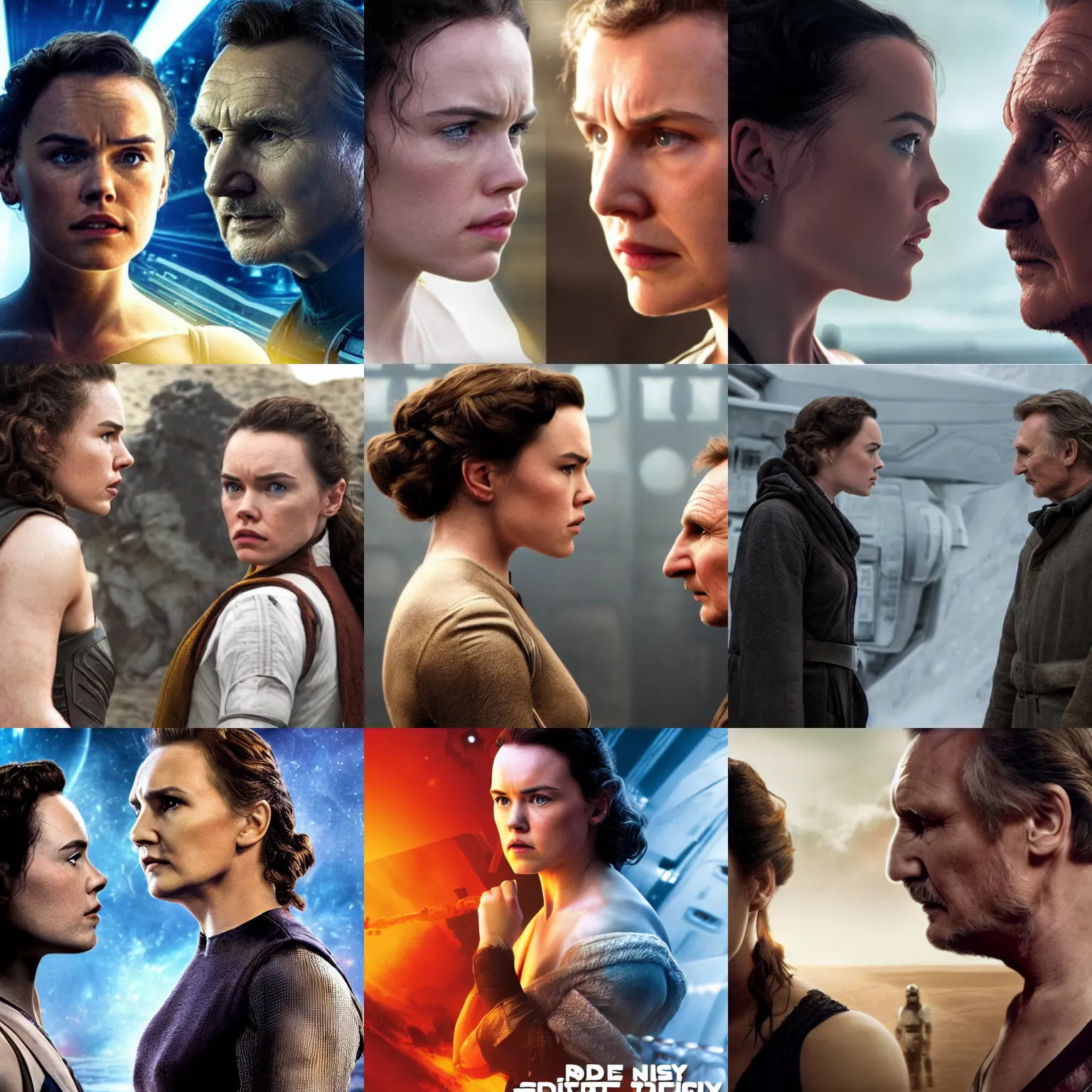 Prompt: side view of daisy ridley facing liam neeson, scifi movie poster