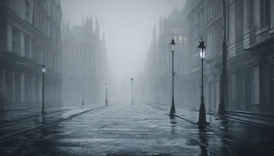 Prompt: empty streets of neo - gothic london, wet streets, fog, cold, hyperdetailed, artstation, cgsociety, 8 k