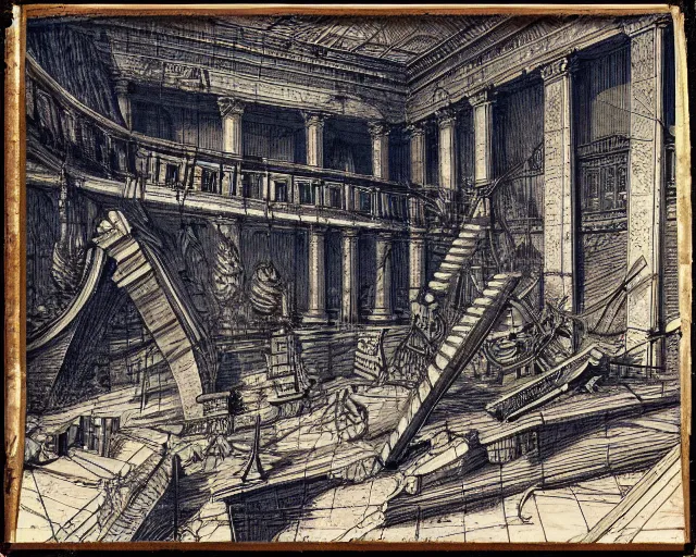 Prompt: Piranesi imagination. red blue and green ballpoint pen on plywood