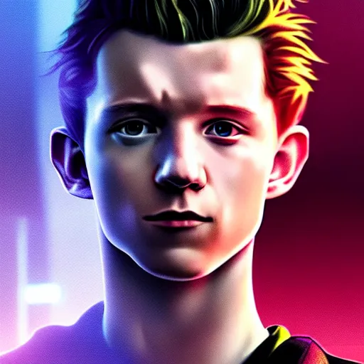 Image similar to tom holland as an android, cyberpunk, dream sequence, lonely, concept art, smooth, high quality