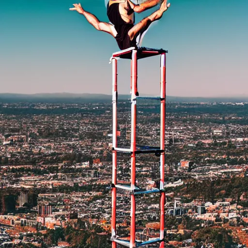 Prompt: photo of a man standing on chair tower acrobatic