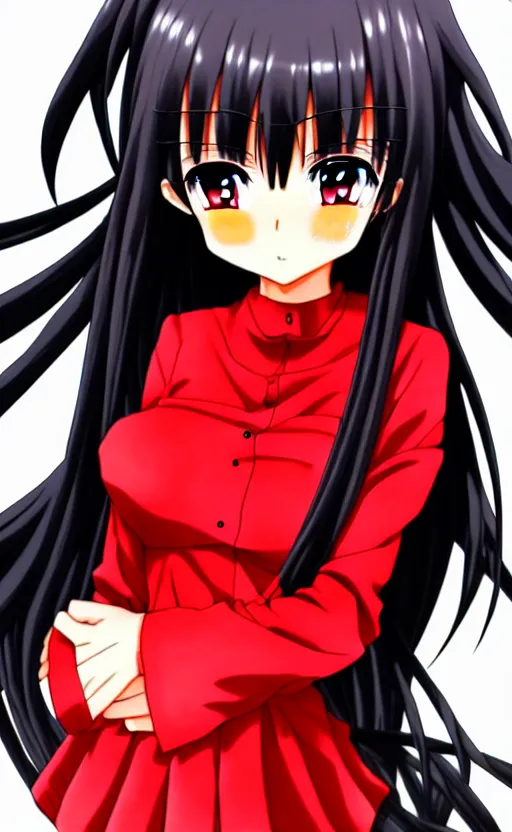 Image similar to anime girl with a detailed face and black hair in a red outfit, full body, trending, illustration